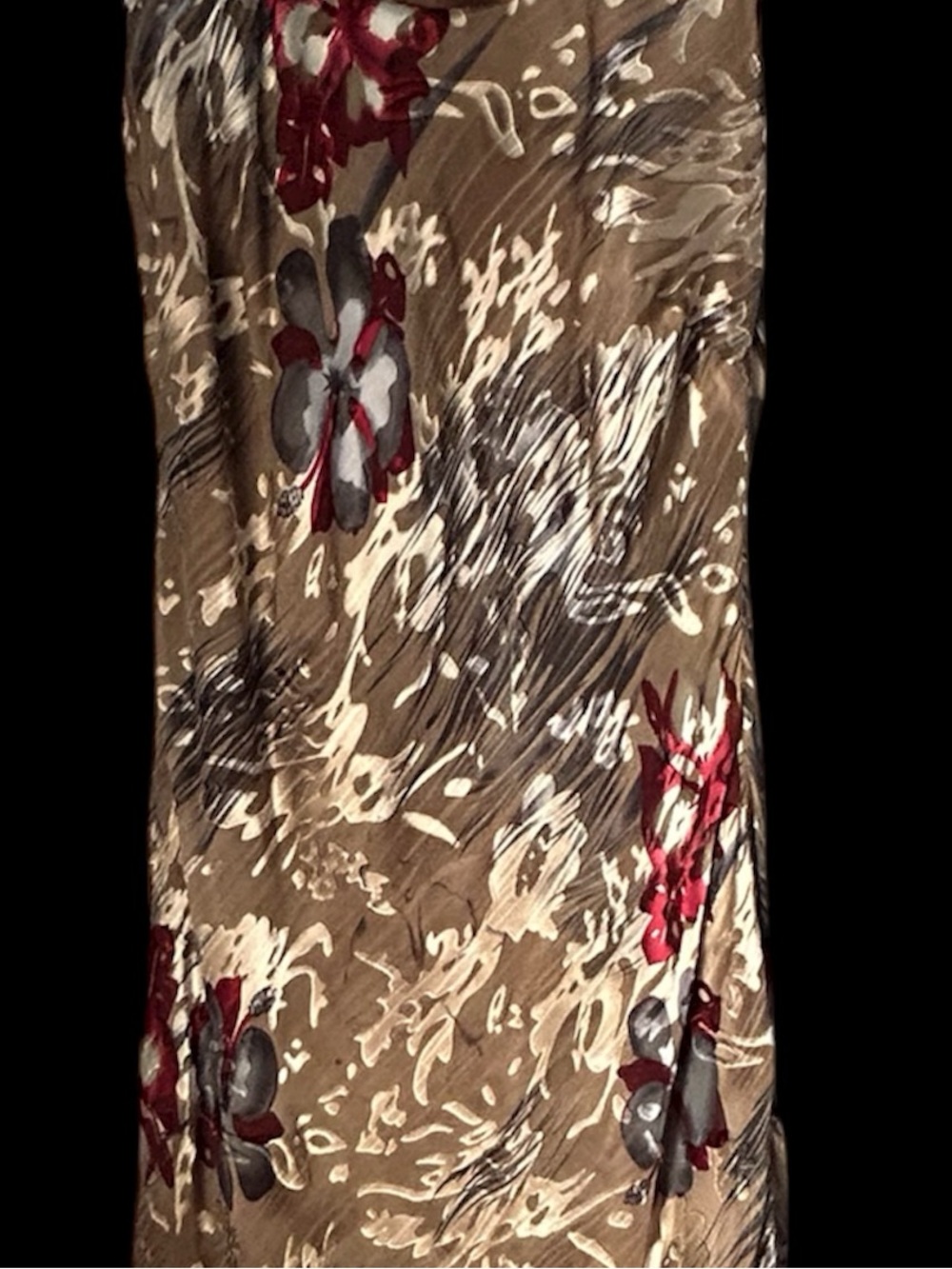 SIMPLY SILK Taupe Floral Dress with Red and Gray Accents, Matching Shawl, Large. - Picture 9 of 10